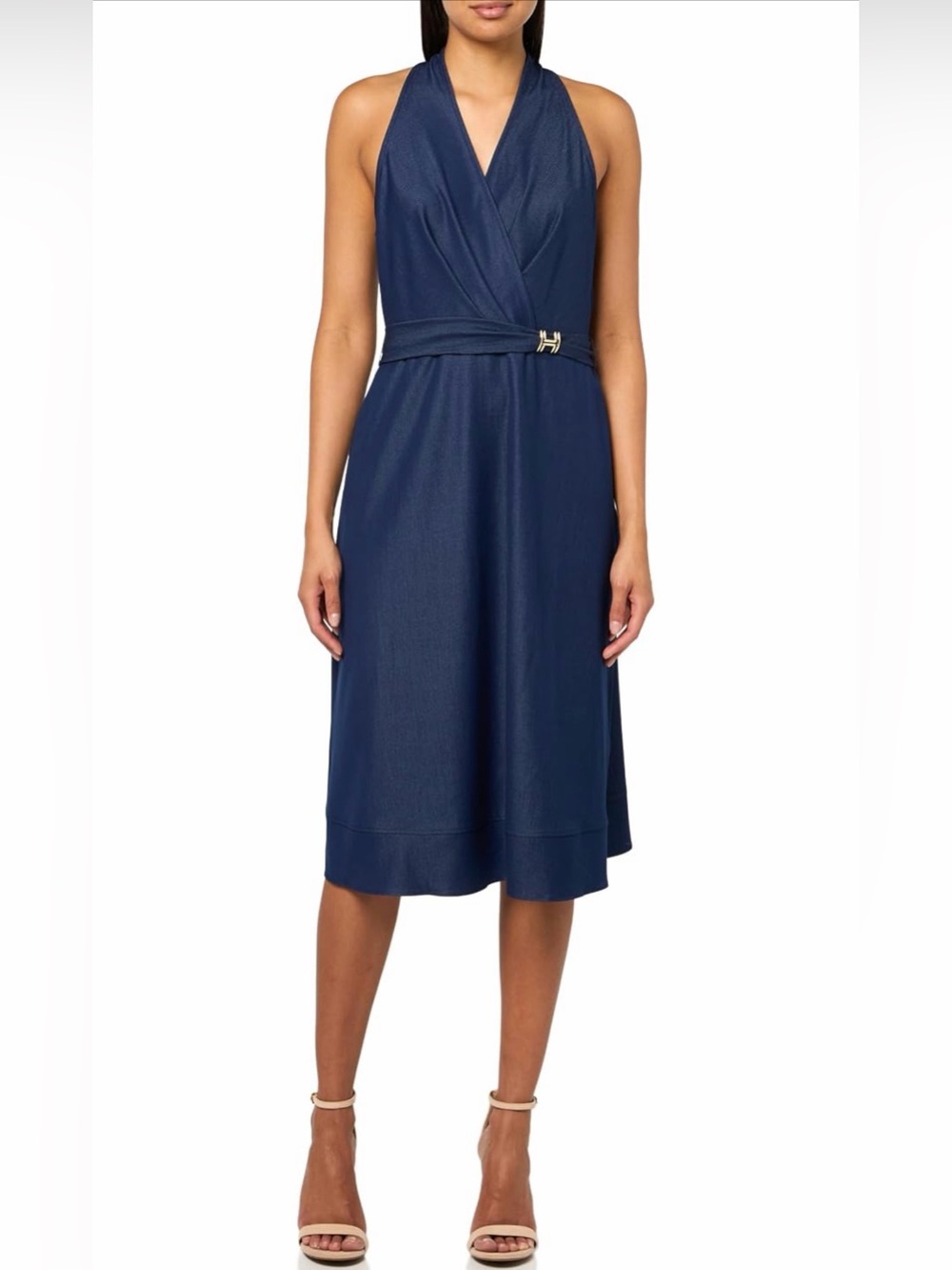 H by Halston Navy Halter Surplice Midi Dress with Belted Waist
